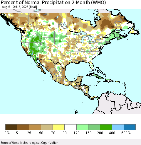 North America Percent of Normal Precipitation 2-Month (WMO) Thematic Map For 8/6/2023 - 10/5/2023
