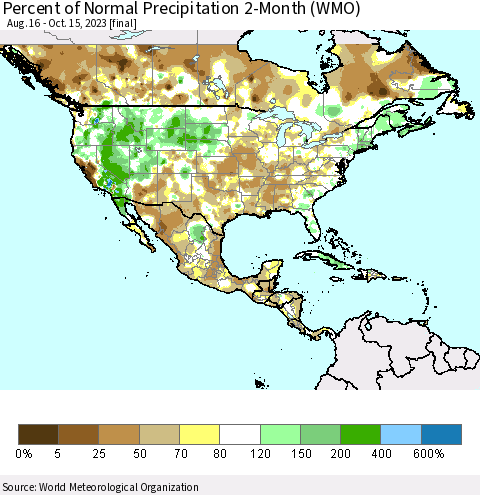North America Percent of Normal Precipitation 2-Month (WMO) Thematic Map For 8/16/2023 - 10/15/2023