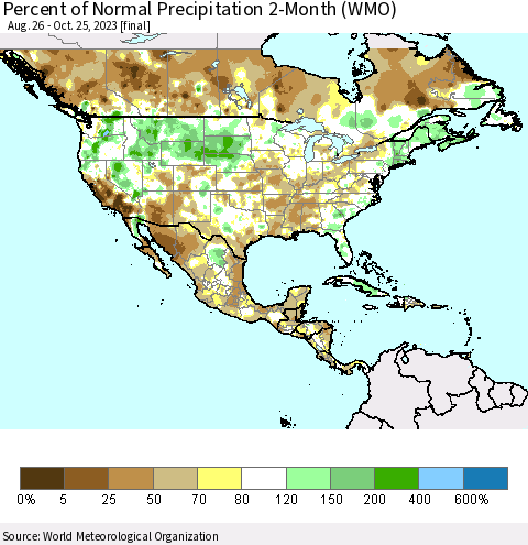 North America Percent of Normal Precipitation 2-Month (WMO) Thematic Map For 8/26/2023 - 10/25/2023