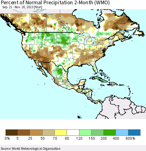North America Percent of Normal Precipitation 2-Month (WMO) Thematic Map For 9/21/2023 - 11/20/2023