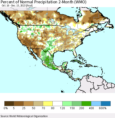 North America Percent of Normal Precipitation 2-Month (WMO) Thematic Map For 10/16/2023 - 12/15/2023