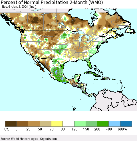 North America Percent of Normal Precipitation 2-Month (WMO) Thematic Map For 11/6/2023 - 1/5/2024