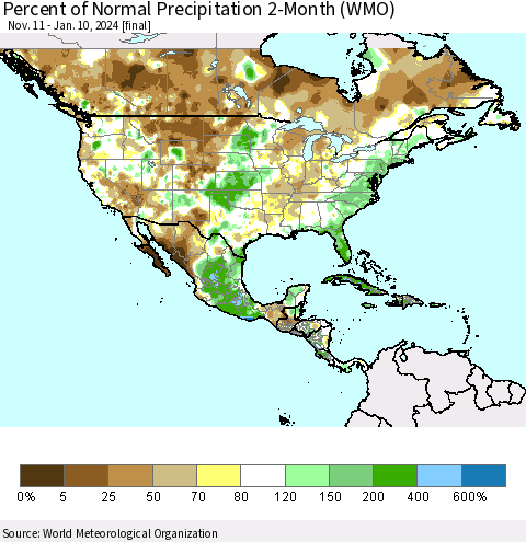 North America Percent of Normal Precipitation 2-Month (WMO) Thematic Map For 11/11/2023 - 1/10/2024