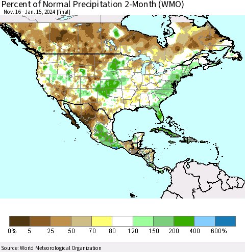 North America Percent of Normal Precipitation 2-Month (WMO) Thematic Map For 11/16/2023 - 1/15/2024