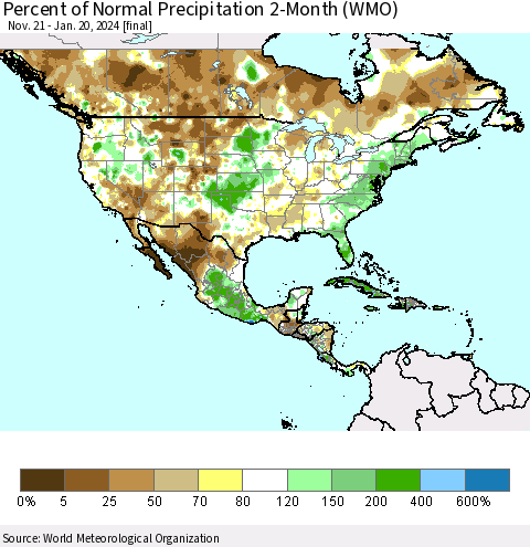 North America Percent of Normal Precipitation 2-Month (WMO) Thematic Map For 11/21/2023 - 1/20/2024