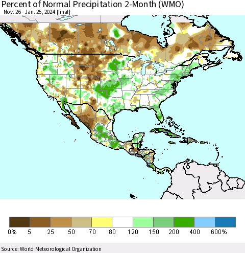 North America Percent of Normal Precipitation 2-Month (WMO) Thematic Map For 11/26/2023 - 1/25/2024