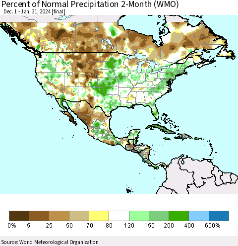 North America Percent of Normal Precipitation 2-Month (WMO) Thematic Map For 12/1/2023 - 1/31/2024