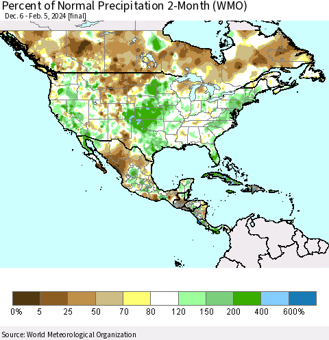 North America Percent of Normal Precipitation 2-Month (WMO) Thematic Map For 12/6/2023 - 2/5/2024