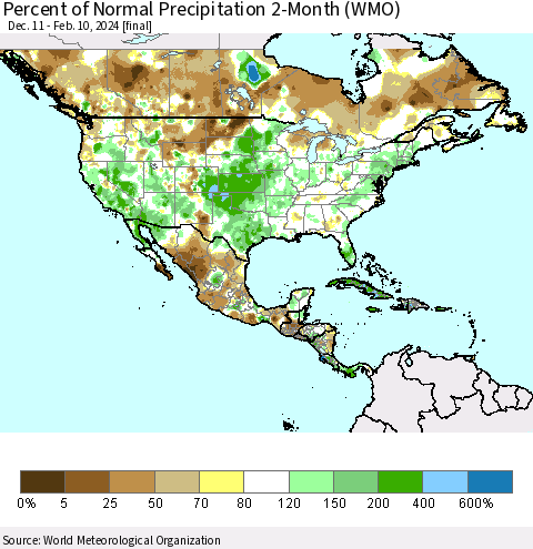North America Percent of Normal Precipitation 2-Month (WMO) Thematic Map For 12/11/2023 - 2/10/2024