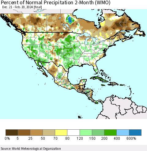 North America Percent of Normal Precipitation 2-Month (WMO) Thematic Map For 12/21/2023 - 2/20/2024
