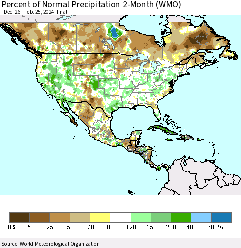 North America Percent of Normal Precipitation 2-Month (WMO) Thematic Map For 12/26/2023 - 2/25/2024