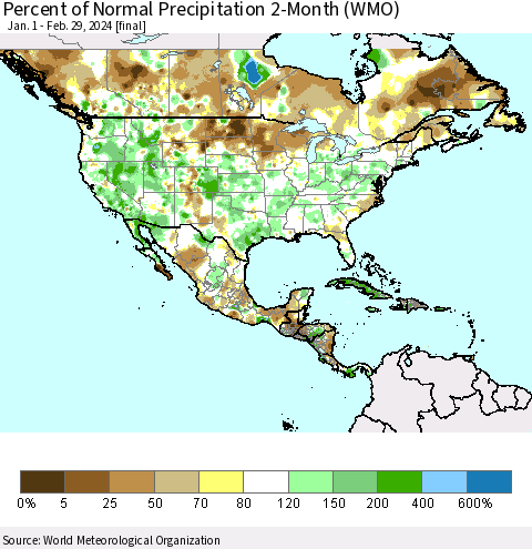 North America Percent of Normal Precipitation 2-Month (WMO) Thematic Map For 1/1/2024 - 2/29/2024