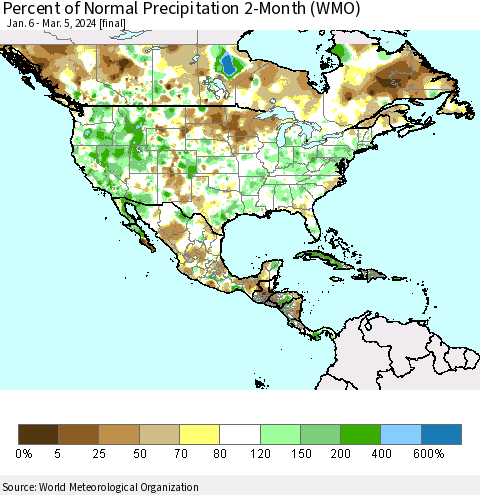 North America Percent of Normal Precipitation 2-Month (WMO) Thematic Map For 1/6/2024 - 3/5/2024