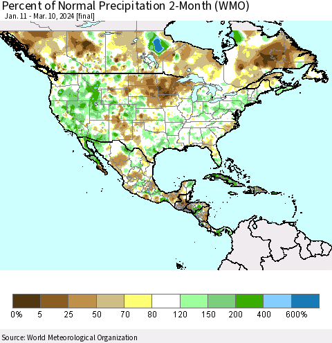 North America Percent of Normal Precipitation 2-Month (WMO) Thematic Map For 1/11/2024 - 3/10/2024