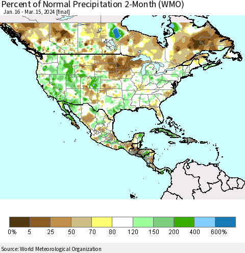 North America Percent of Normal Precipitation 2-Month (WMO) Thematic Map For 1/16/2024 - 3/15/2024