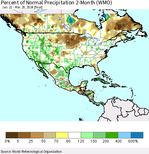 North America Percent of Normal Precipitation 2-Month (WMO) Thematic Map For 1/21/2024 - 3/20/2024