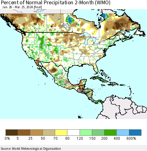 North America Percent of Normal Precipitation 2-Month (WMO) Thematic Map For 1/26/2024 - 3/25/2024