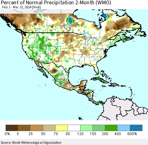 North America Percent of Normal Precipitation 2-Month (WMO) Thematic Map For 2/1/2024 - 3/31/2024