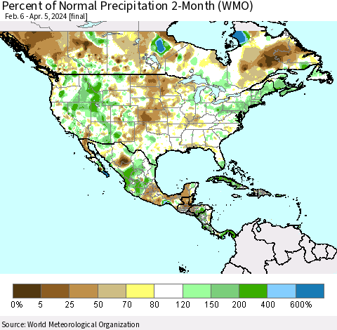 North America Percent of Normal Precipitation 2-Month (WMO) Thematic Map For 2/6/2024 - 4/5/2024
