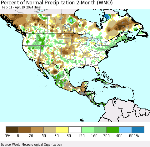 North America Percent of Normal Precipitation 2-Month (WMO) Thematic Map For 2/11/2024 - 4/10/2024