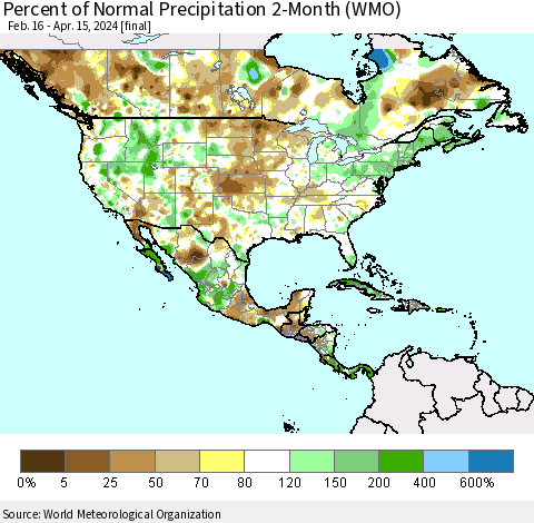 North America Percent of Normal Precipitation 2-Month (WMO) Thematic Map For 2/16/2024 - 4/15/2024