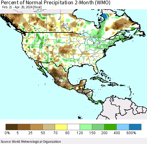 North America Percent of Normal Precipitation 2-Month (WMO) Thematic Map For 2/21/2024 - 4/20/2024