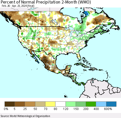 North America Percent of Normal Precipitation 2-Month (WMO) Thematic Map For 2/26/2024 - 4/25/2024