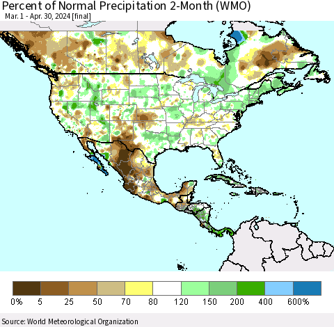 North America Percent of Normal Precipitation 2-Month (WMO) Thematic Map For 3/1/2024 - 4/30/2024