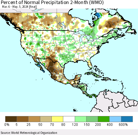 North America Percent of Normal Precipitation 2-Month (WMO) Thematic Map For 3/6/2024 - 5/5/2024