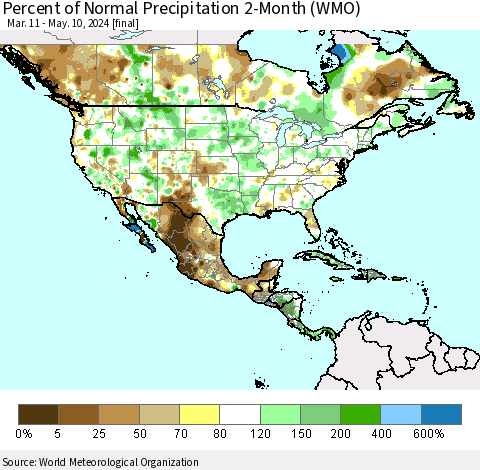 North America Percent of Normal Precipitation 2-Month (WMO) Thematic Map For 3/11/2024 - 5/10/2024