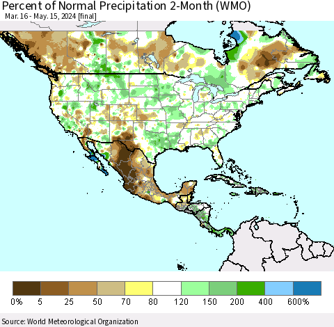North America Percent of Normal Precipitation 2-Month (WMO) Thematic Map For 3/16/2024 - 5/15/2024