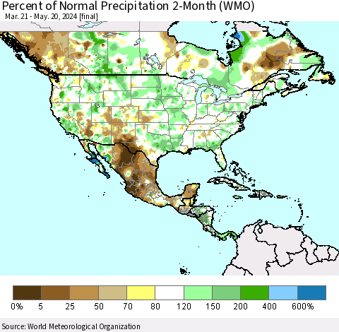North America Percent of Normal Precipitation 2-Month (WMO) Thematic Map For 3/21/2024 - 5/20/2024