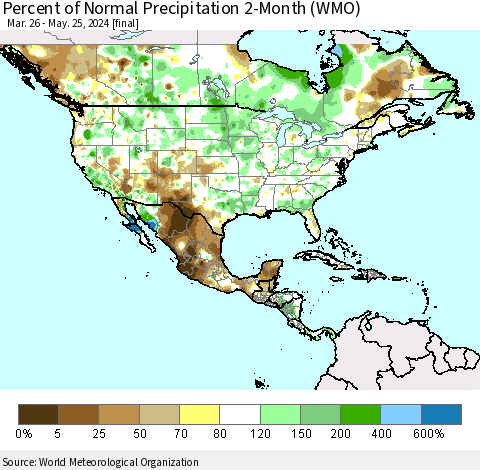 North America Percent of Normal Precipitation 2-Month (WMO) Thematic Map For 3/26/2024 - 5/25/2024