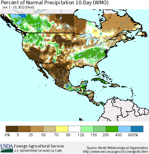 North America Percent of Normal Precipitation 10-Day (WMO) Thematic Map For 1/1/2022 - 1/10/2022