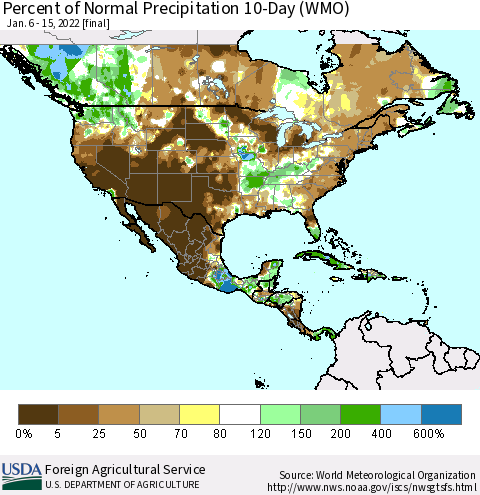 North America Percent of Normal Precipitation 10-Day (WMO) Thematic Map For 1/6/2022 - 1/15/2022