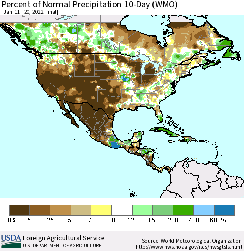 North America Percent of Normal Precipitation 10-Day (WMO) Thematic Map For 1/11/2022 - 1/20/2022