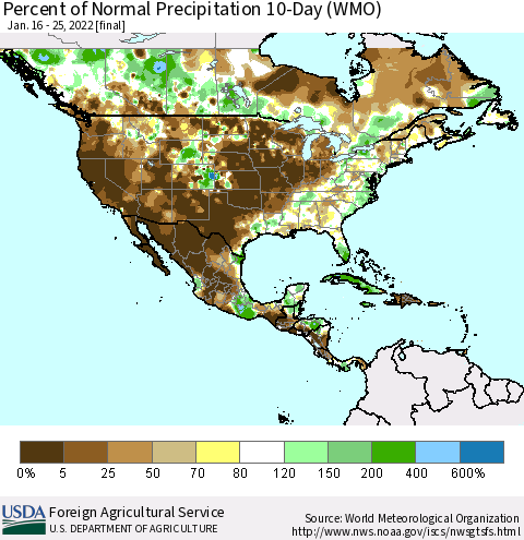 North America Percent of Normal Precipitation 10-Day (WMO) Thematic Map For 1/16/2022 - 1/25/2022