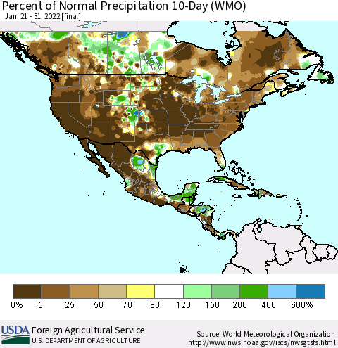North America Percent of Normal Precipitation 10-Day (WMO) Thematic Map For 1/21/2022 - 1/31/2022