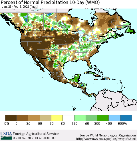 North America Percent of Normal Precipitation 10-Day (WMO) Thematic Map For 1/26/2022 - 2/5/2022
