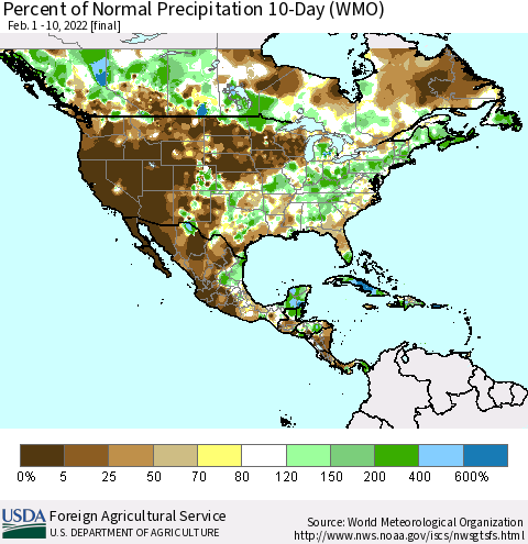 North America Percent of Normal Precipitation 10-Day (WMO) Thematic Map For 2/1/2022 - 2/10/2022