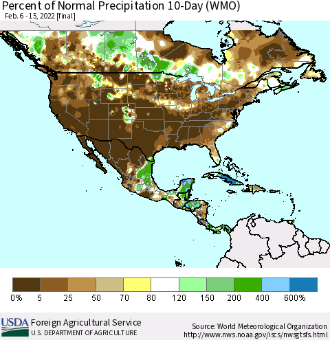 North America Percent of Normal Precipitation 10-Day (WMO) Thematic Map For 2/6/2022 - 2/15/2022