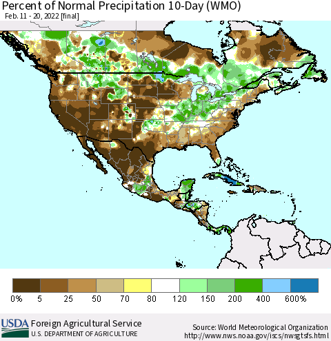 North America Percent of Normal Precipitation 10-Day (WMO) Thematic Map For 2/11/2022 - 2/20/2022