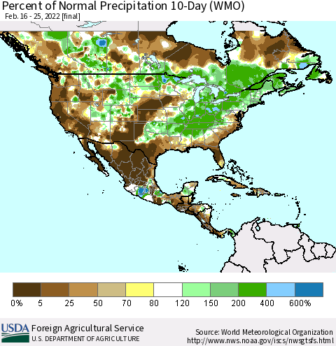 North America Percent of Normal Precipitation 10-Day (WMO) Thematic Map For 2/16/2022 - 2/25/2022