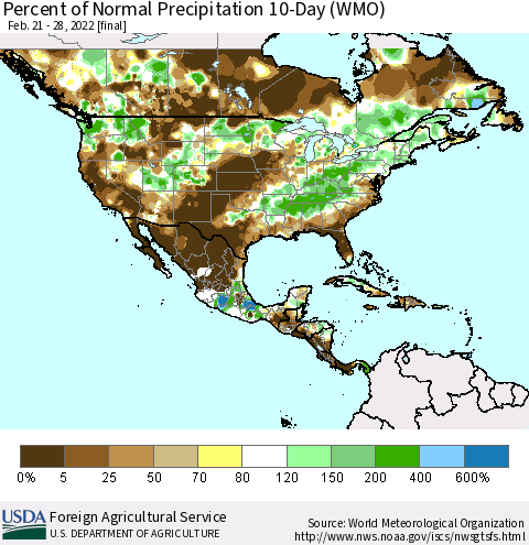 North America Percent of Normal Precipitation 10-Day (WMO) Thematic Map For 2/21/2022 - 2/28/2022