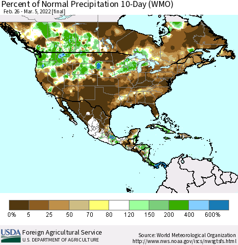 North America Percent of Normal Precipitation 10-Day (WMO) Thematic Map For 2/26/2022 - 3/5/2022