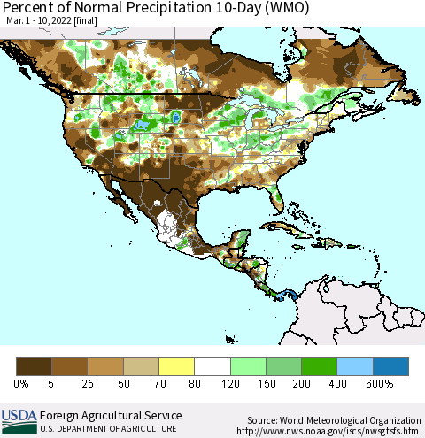 North America Percent of Normal Precipitation 10-Day (WMO) Thematic Map For 3/1/2022 - 3/10/2022