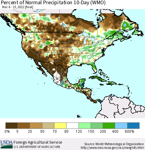 North America Percent of Normal Precipitation 10-Day (WMO) Thematic Map For 3/6/2022 - 3/15/2022