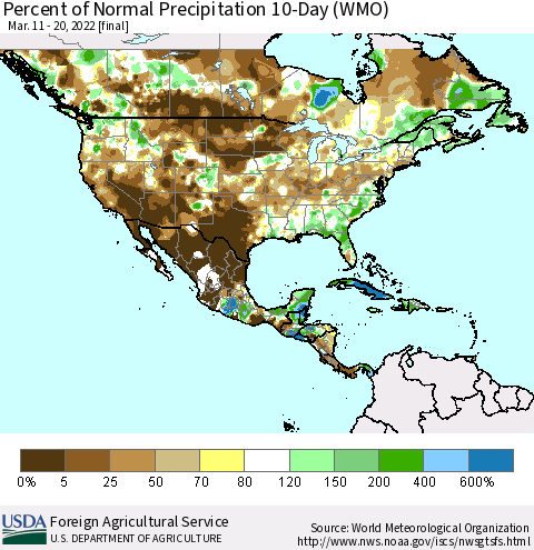 North America Percent of Normal Precipitation 10-Day (WMO) Thematic Map For 3/11/2022 - 3/20/2022