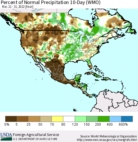 North America Percent of Normal Precipitation 10-Day (WMO) Thematic Map For 3/21/2022 - 3/31/2022