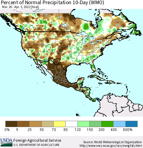 North America Percent of Normal Precipitation 10-Day (WMO) Thematic Map For 3/26/2022 - 4/5/2022